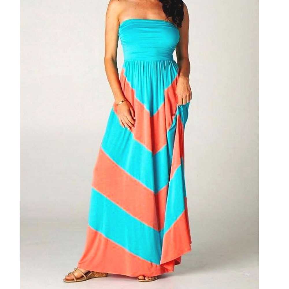 Chevron tube top Empire Maxi Strapless dress Colorblock Dress turquoise/coral